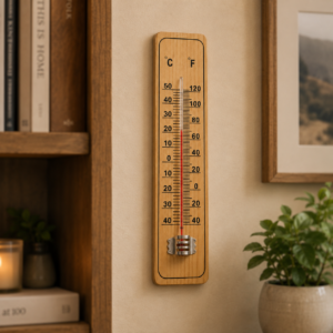 Termometro da parete in legno chiaro con scala Celsius e Fahrenheit, tubo capillare rosso, appeso su una parete beige.