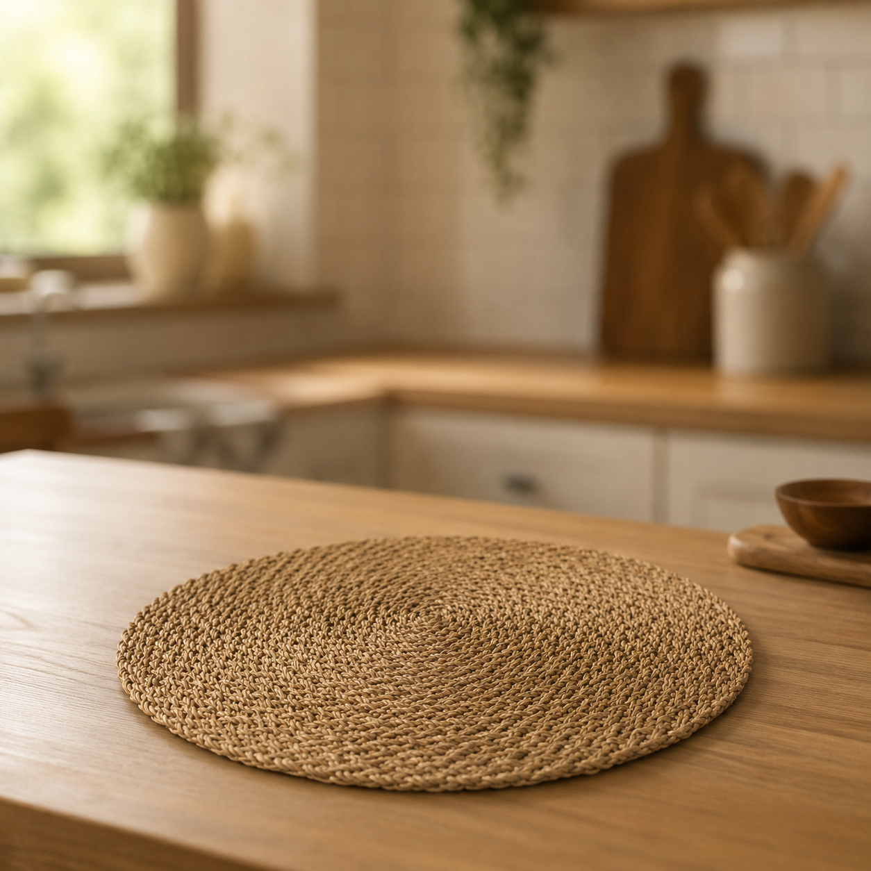 Tovaglietta rotonda in fibra naturale intrecciata di colore beige, posizionata su un tavolo di legno chiaro in una cucina.