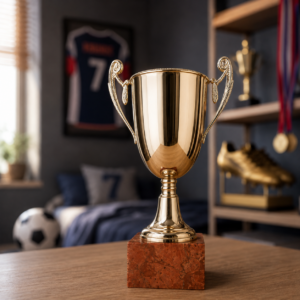 Un trofeo dorato lucido con manici decorati e una base quadrata in marmo rosso, posizionato su un tavolo di legno.