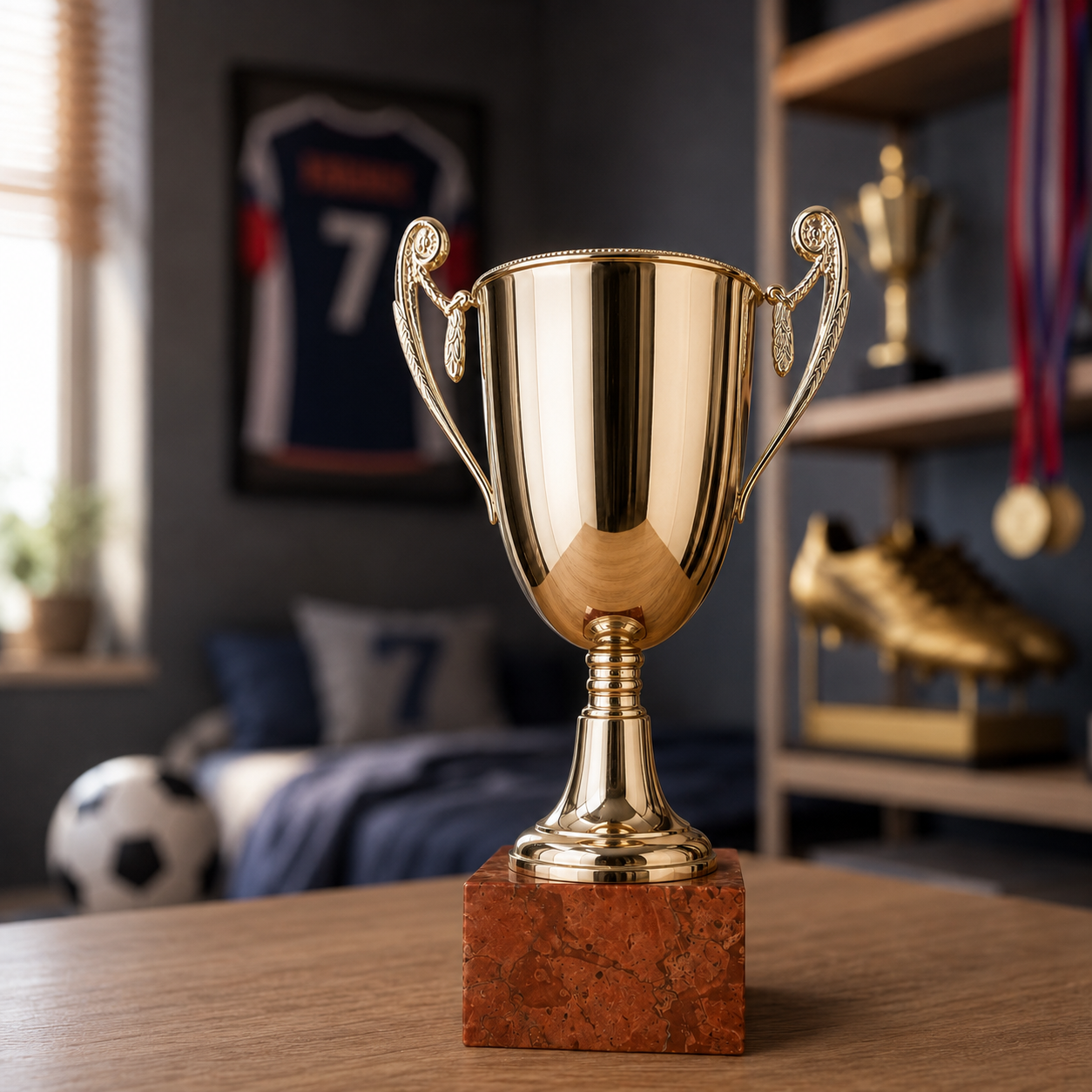 Un trofeo dorato lucido con manici decorati e una base quadrata in marmo rosso, posizionato su un tavolo di legno.