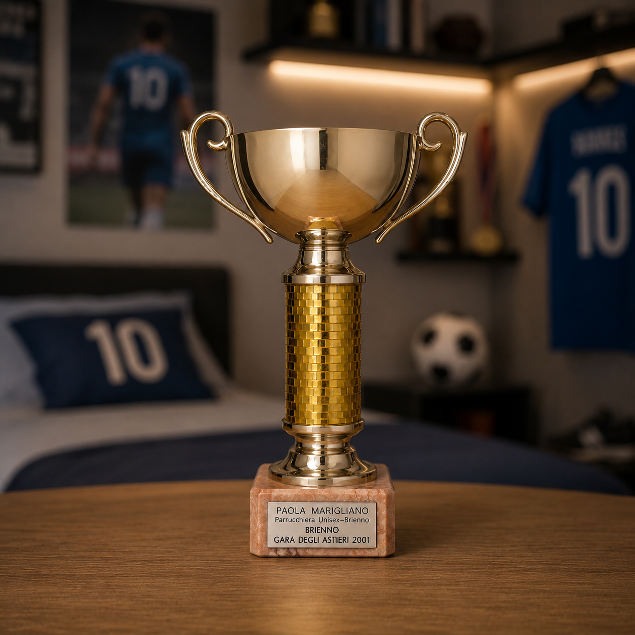 Trofeo dorato lucido con manici ricurvi e fusto decorato, poggiato su una base di marmo con targa incisa.