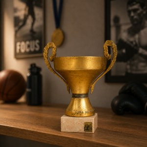Trofeo dorato vintage con manici a corona d'alloro e base in marmo, posizionato su una superficie di legno.