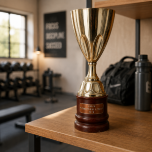 Coppa trofeo vintage dorata con base in legno scuro e placca incisa "Canottieri Lecco 1978", su una mensola in un ambiente interno.