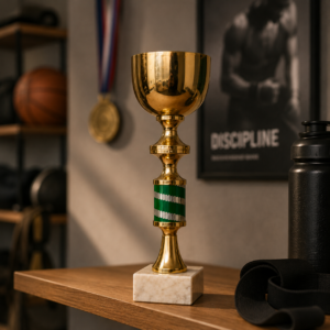 Un trofeo dorato lucido con fusto verde e argento, poggiato su una base di marmo bianco, su una mensola di legno.