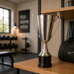 Un trofeo classico argentato lucido con manici ornamentali e una base nera, posizionato su una mensola di legno.