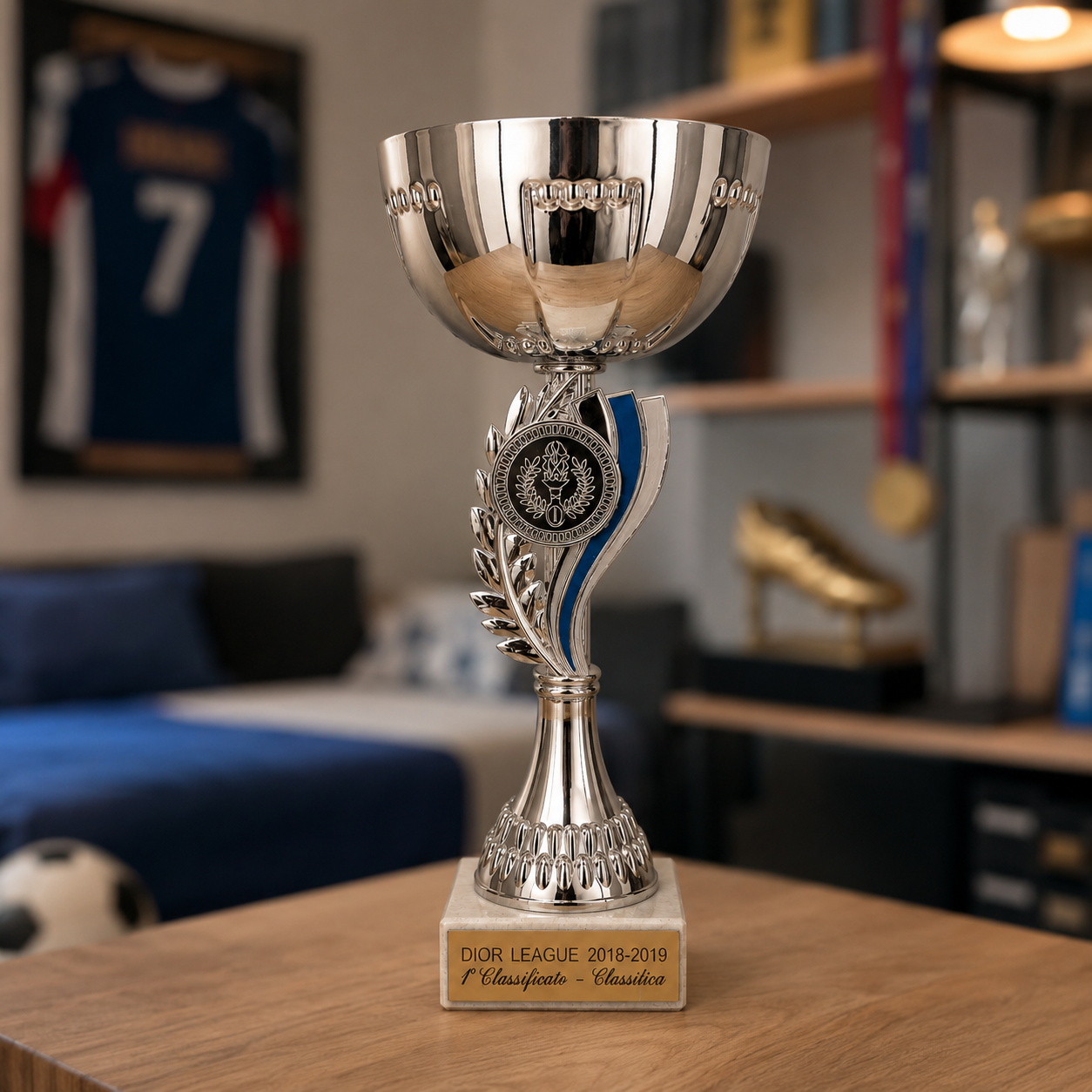 Un trofeo argentato lucido con coppa ampia, fusto decorato con foglie e inserto blu, poggiato su una base di marmo chiara.