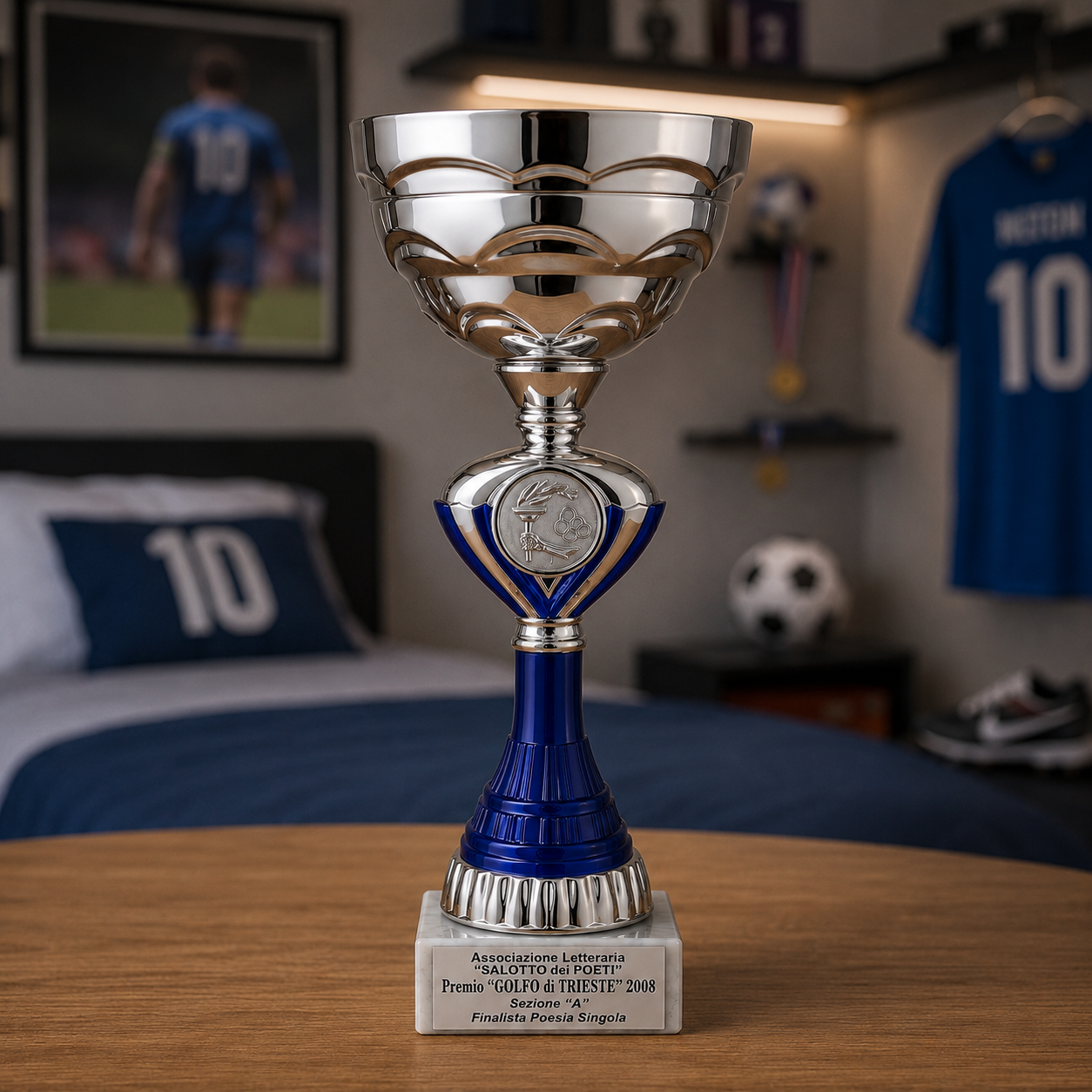 Trofeo da premiazione con coppa argentata lucida, fusto blu e base in marmo bianco inciso, posizionato su un tavolo di legno.