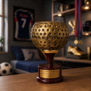 Trofeo da golf vintage con sfera dorata a fossette su base in legno scuro, con targhetta incisa, su un tavolo di legno.