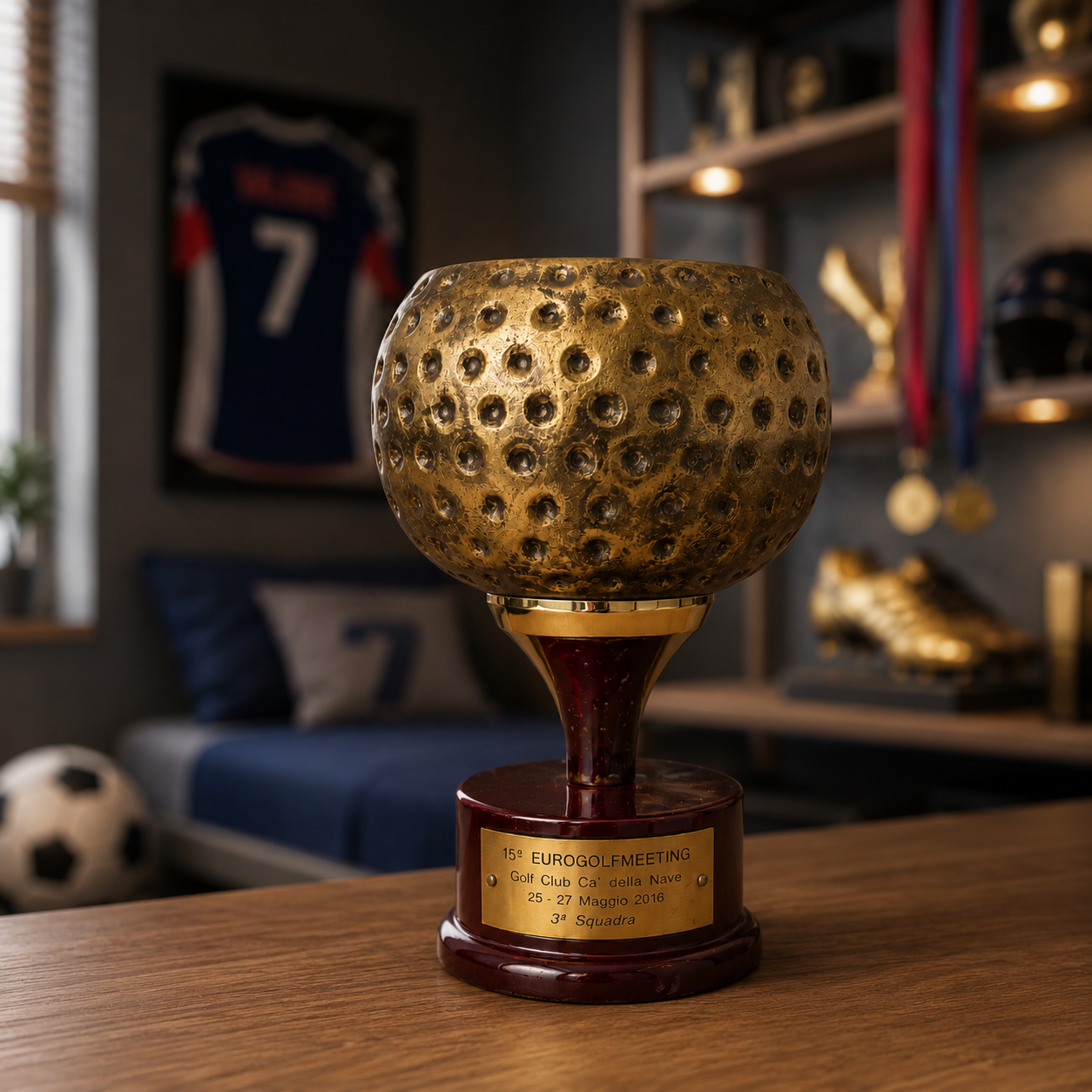 Trofeo da golf vintage con sfera dorata a fossette su base in legno scuro, con targhetta incisa, su un tavolo di legno.