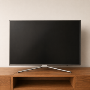 Smart TV Samsung 4K con cornice sottile e stand argentato, posizionata su un mobile in legno chiaro davanti a una parete beige.