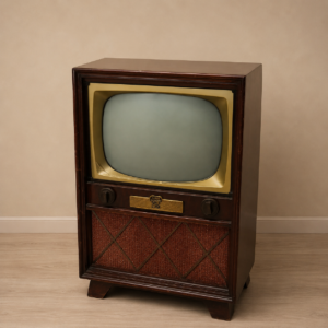 Televisore vintage a consolle 'Rumor' in legno scuro con schermo bombato e griglia altoparlante a rombi, su sfondo neutro.